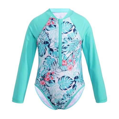 Yruioon Mädchen Badeanzug Einteiler Schwimmanzug Langarm Bademode Stoffdruck Sonnenschutz Surfanzug UV Schutz Badebekleidung Minzgrün 134-140 von Yruioon
