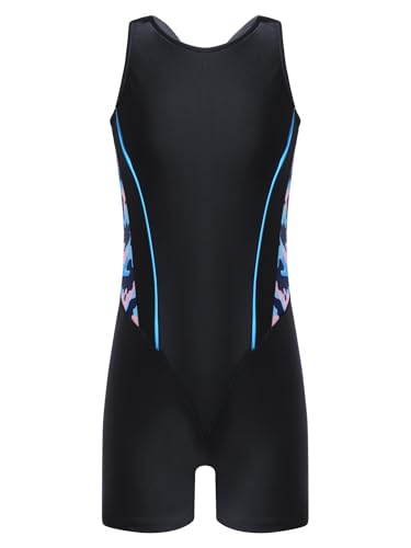 Yruioon Mädchen Badeanzug mit Bein Ringerrücken Einteiliger Bademode Wettkampf Schwimmanzug Surfen Schwimmen Badebekleidung Blaue Tarnung Schwarz 134-140 von Yruioon