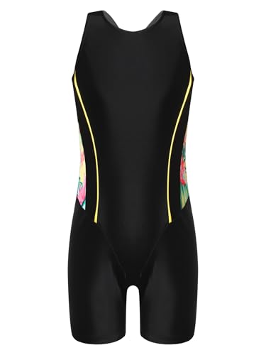 Yruioon Mädchen Badeanzug mit Bein Ringerrücken Einteiliger Bademode Wettkampf Schwimmanzug Surfen Schwimmen Badebekleidung Gelb Schwarz 158-164 von Yruioon