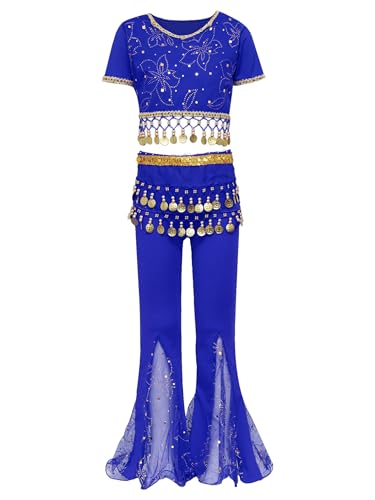 Yruioon Mädchen Bauchtanz Kostüm Set Kurzarm Crop Tops Bauchtanz Oberteile mit Tanzhose Glitzer Bauchtanz Kleid Bauchtänzerin Indische Tanzkleidung Royal Blau 134-140 von Yruioon