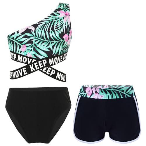Yruioon Mädchen Bikini Tankini Set 3-Teilig Badeanzug Bikini Tops + Slips + Shorts Kinder Schwimmkleidung Bademode Sommer Strandbikini C Schwarz 170-176 von Yruioon