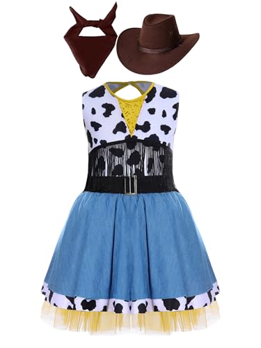 Yruioon Mädchen Cowboy Kostüm Jeanskleid Denim Cowgirl Kleid + Cowboy Hut + Bandana Halloween Karneval Fasching Partykleid Dunkel Kaffee 170-176 von Yruioon