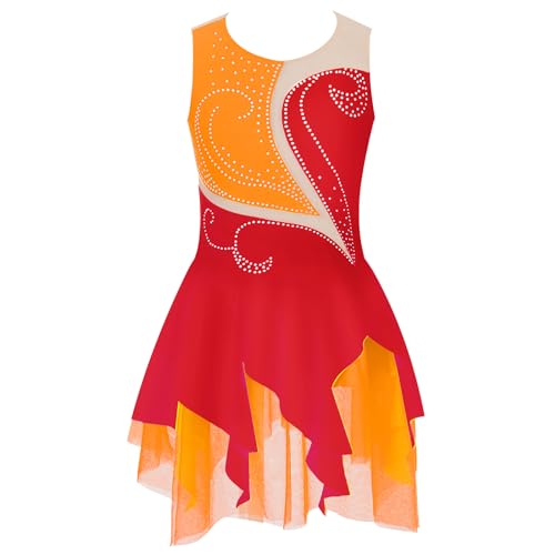 Yruioon Mädchen Eiskunstlauf Kleid Glitzer Ballettkleid Rollschuhkleid mit Strass Eislaufen Tanzkleid Gymnastik Leotard Wettbewerb Tanzkostüm C Rot 134-140 von Yruioon