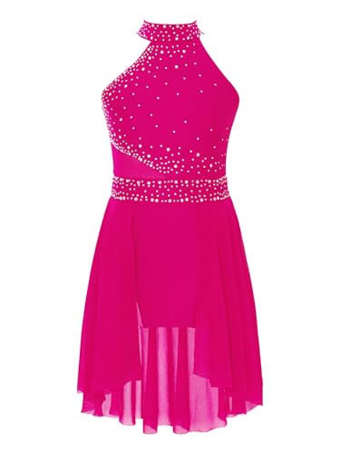 Yruioon Mädchen Eiskunstlauf Kleid Glitzer Ballettkleid mit Asymmetrisch Rock Lyrisch Tanzkleid Contemporary Modern Dance Tanzkleidung Dunkel Rosa 170-176 von Yruioon
