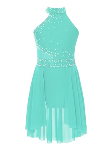Yruioon Mädchen Eiskunstlauf Kleid Glitzer Ballettkleid mit Asymmetrisch Rock Lyrisch Tanzkleid Contemporary Modern Dance Tanzkleidung Minzgrün 134-140 von Yruioon