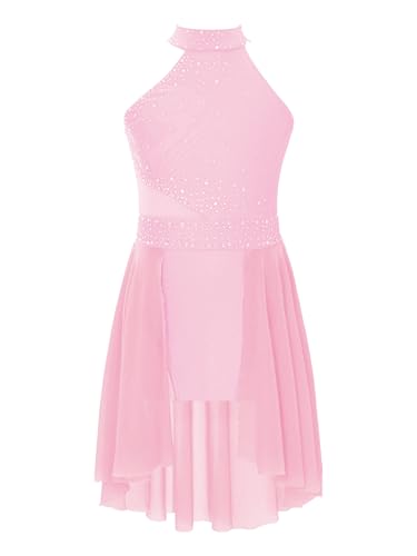 Yruioon Mädchen Eiskunstlauf Kleid Glitzer Ballettkleid mit Asymmetrisch Rock Lyrisch Tanzkleid Contemporary Modern Dance Tanzkleidung Rosa 134-140 von Yruioon