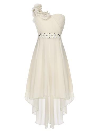 Yruioon Mädchen Kleid Elegant Festlich Kleid EIN-Schulter Hochzeit Blumenmädchenkleid Prinzessin Kleid Sommer Ballkleid Abendkleid Champagne 134-140 von Yruioon