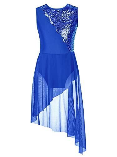Yruioon Mädchen Lyrisch Tanzkleid Glitzer Ballettkleid Pailletten Kleid mit Asymmetrisch Rock Modern Contemporary Tanzkleidung Royal Blau 134-140 von Yruioon