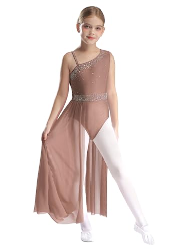 Yruioon Mädchen Lyrisch Tanzkleid Glitzer Ballettkleid mit Asymmetrisch Rock Eiskunstlauf Kleid Rollschuhkleid Contemporary Modern Dance Tanzkleidung Dusty Rosa 146-152 von Yruioon