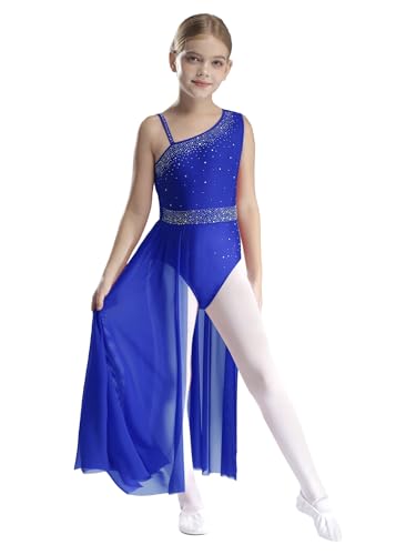 Yruioon Mädchen Lyrisch Tanzkleid Glitzer Ballettkleid mit Asymmetrisch Rock Eiskunstlauf Kleid Rollschuhkleid Contemporary Modern Dance Tanzkleidung Royal Blau 122-128 von Yruioon