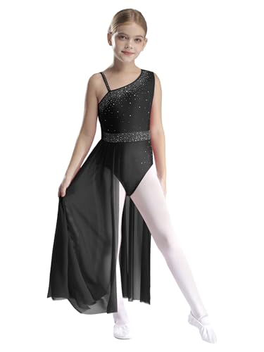 Yruioon Mädchen Lyrisch Tanzkleid Glitzer Ballettkleid mit Asymmetrisch Rock Eiskunstlauf Kleid Rollschuhkleid Contemporary Modern Dance Tanzkleidung Schwarz 158-164 von Yruioon