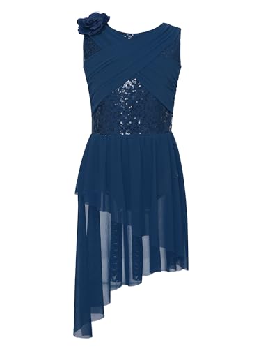 Yruioon Mädchen Lyrisch Tanzkleid Pailletten Ballettkleid mit Asymmetrisch Rock Ballerina Kleid Latein Modern Contemporary Tanzkleidung Marine Blau 146-152 von Yruioon