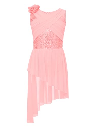 Yruioon Mädchen Lyrisch Tanzkleid Pailletten Ballettkleid mit Asymmetrisch Rock Ballerina Kleid Latein Modern Contemporary Tanzkleidung Rosa 134-140 von Yruioon