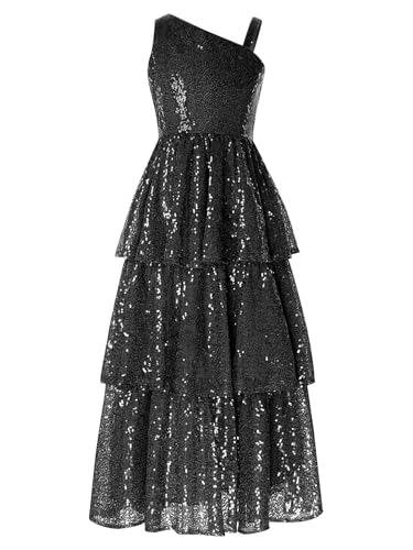 Yruioon Mädchen Pailletten Kleid Glitzer Prinzessin Kleid Eine-Schulter Trägerkleid Hochzeitskleid Elegant Geburtstag Festlich Partykleid Schwarz 170-176 von Yruioon