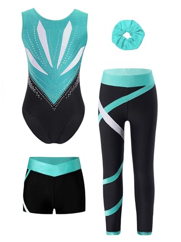 Yruioon Mädchen Turnanzug Glitzer Gymnastikanzug 4tlg.Ärmellos Gymnastik Leotard mit Hose Shorts Haarband Turnen Trikot Wettbewerb Tanzkostüm Blau Grün 170-176 von Yruioon
