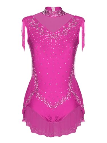 Yruioon Mädchen Turnanzug Glitzer Gymnastikanzug Ärmellos Fransen Kleid Eiskunstlauf Body Overall Gymnastik Leotard Wettbewerb Tanzkostüm Dunkel Rosa 134-140 von Yruioon