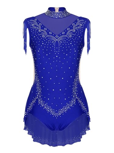 Yruioon Mädchen Turnanzug Glitzer Gymnastikanzug Ärmellos Fransen Kleid Eiskunstlauf Body Overall Gymnastik Leotard Wettbewerb Tanzkostüm Royal Blau 158-164 von Yruioon