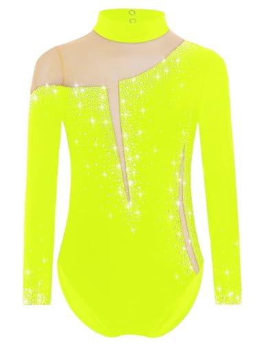 Yruioon Mädchen Turnanzug Glitzer Langarm Gymnastikanzug Strass Glänzend Eiskunstlauf Body Overall Sportbody Wettbewerb Tanzkostüm Fluoreszierendes Gelb 146-152 von Yruioon