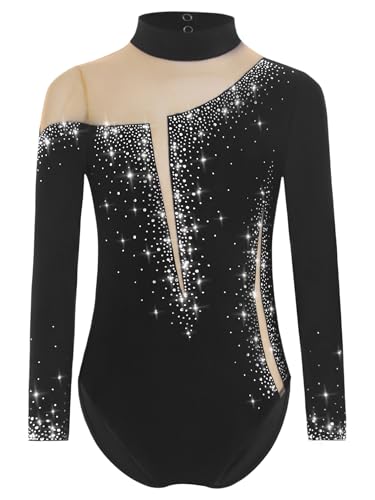 Yruioon Mädchen Turnanzug Glitzer Langarm Gymnastikanzug Strass Glänzend Eiskunstlauf Body Overall Sportbody Wettbewerb Tanzkostüm Schwarz 134-140 von Yruioon