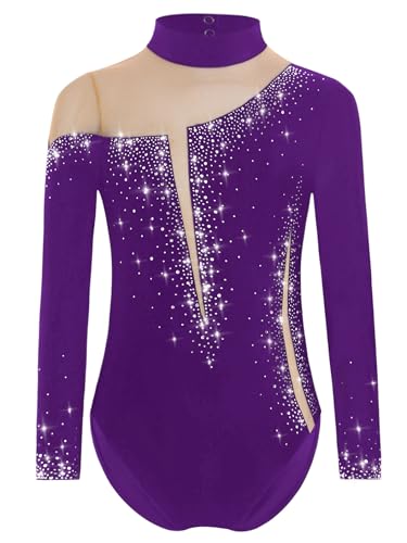 Yruioon Mädchen Turnanzug Glitzer Langarm Gymnastikanzug Strass Glänzend Eiskunstlauf Body Overall Sportbody Wettbewerb Tanzkostüm Violett 158-164 von Yruioon