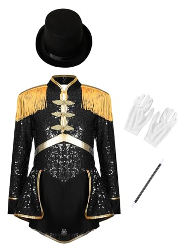 Yruioon Mädchen Zirkus Kostüm Zirkusdirektor Uniform Pailletten Tanzkleid mit Hut Zubehör Ringmaster Uniform Weihnachtskleid Karneval Partykleid Schwarz 170-176 von Yruioon