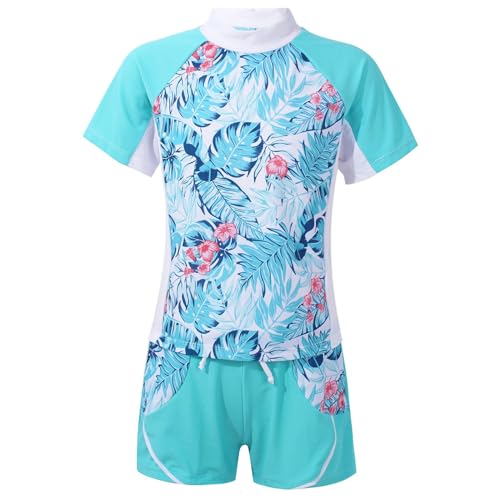Yruioon Mädchen Zweiteiliger Badeanzug Blumen Druck Kurzarm Rash Guards + Shorts Kinder Schwimmanzug Badebekleidung UV-Schutz Badeset A Blätter Tropische 122-128 von Yruioon