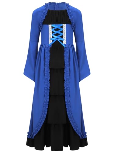 Yruioon Mittelalterliches Kleid Mädchen Viktorianisches Renaissance Kleid Steampunk Gothic Kleid Halloween Karneval Fasching Partykleid Royal Blau 146-152 von Yruioon