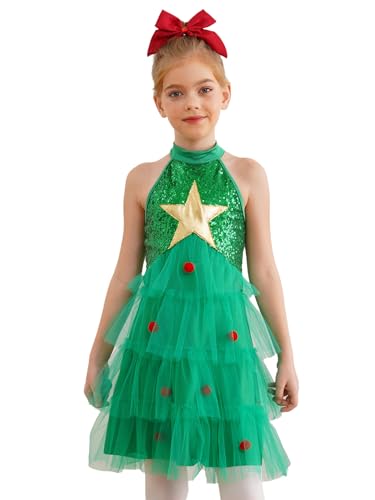 Yruioon Weihnachtsbaum Kostüm Mädchen Weihnachten Kleid Glitzer Weihnachtskleid Ärmellos Prinzessin Kleid Tüllkleid Weihnachten Partykleid Grün 158-164 von Yruioon