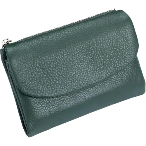 Ysaca Unisex-Geldbörse aus genarbtem Leder, schmal, echtes Vollnarbenleder, Münzfächer mit doppeltem Reißverschluss, 6 Kartenfächern und Geldteiler, kratzfest, wasserabweisendes Design, grün, 13.5*3 von Ysaca