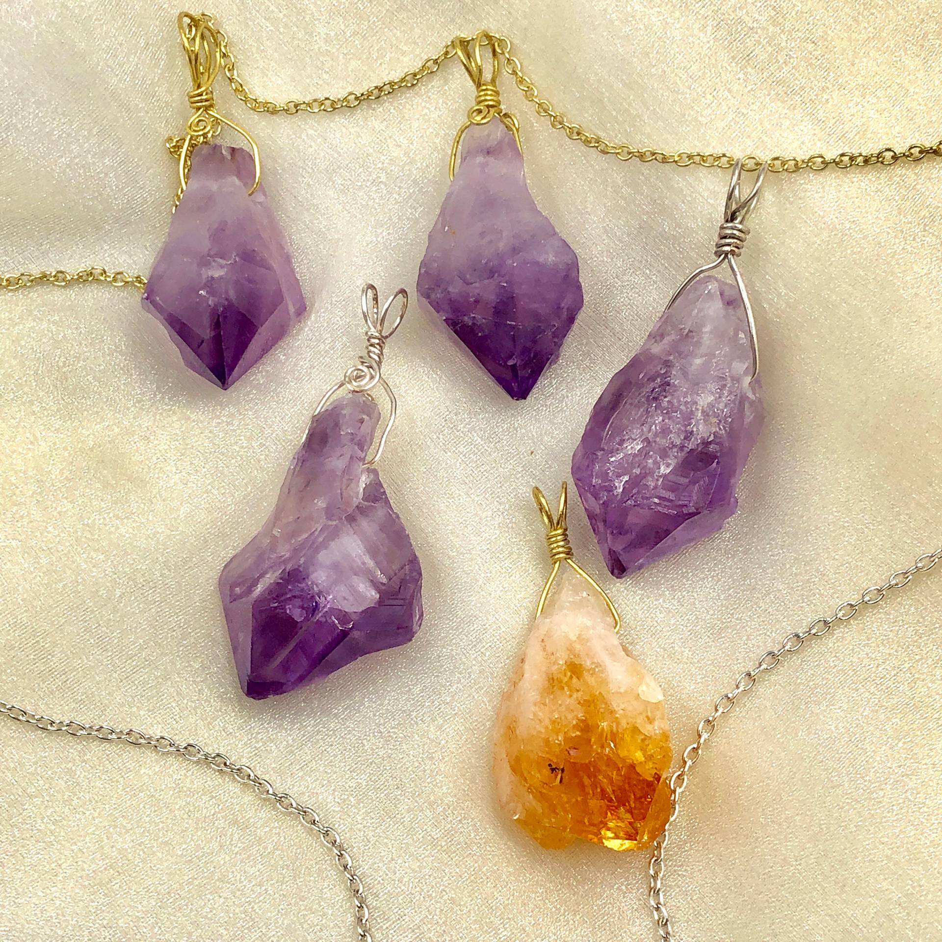 Amethyst Citrine Punkt Anhänger Halskette, Draht-Halskette, Draht Gewickelte Edelstein-Halskette, Natürliche Rohsteine Aus Stein Halskette von YseraJewelry