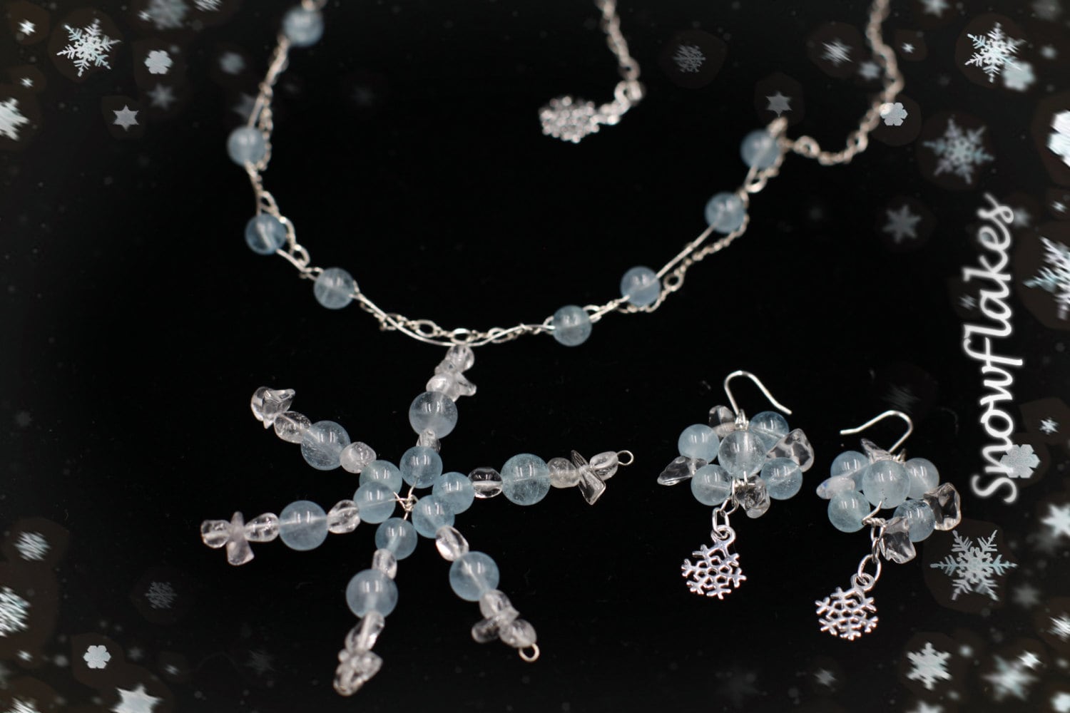 Blautopas Schmuckset, Sterling Silber Halskette, Ohrringe, Schneeflocke Geburtsstein von YseraJewelry