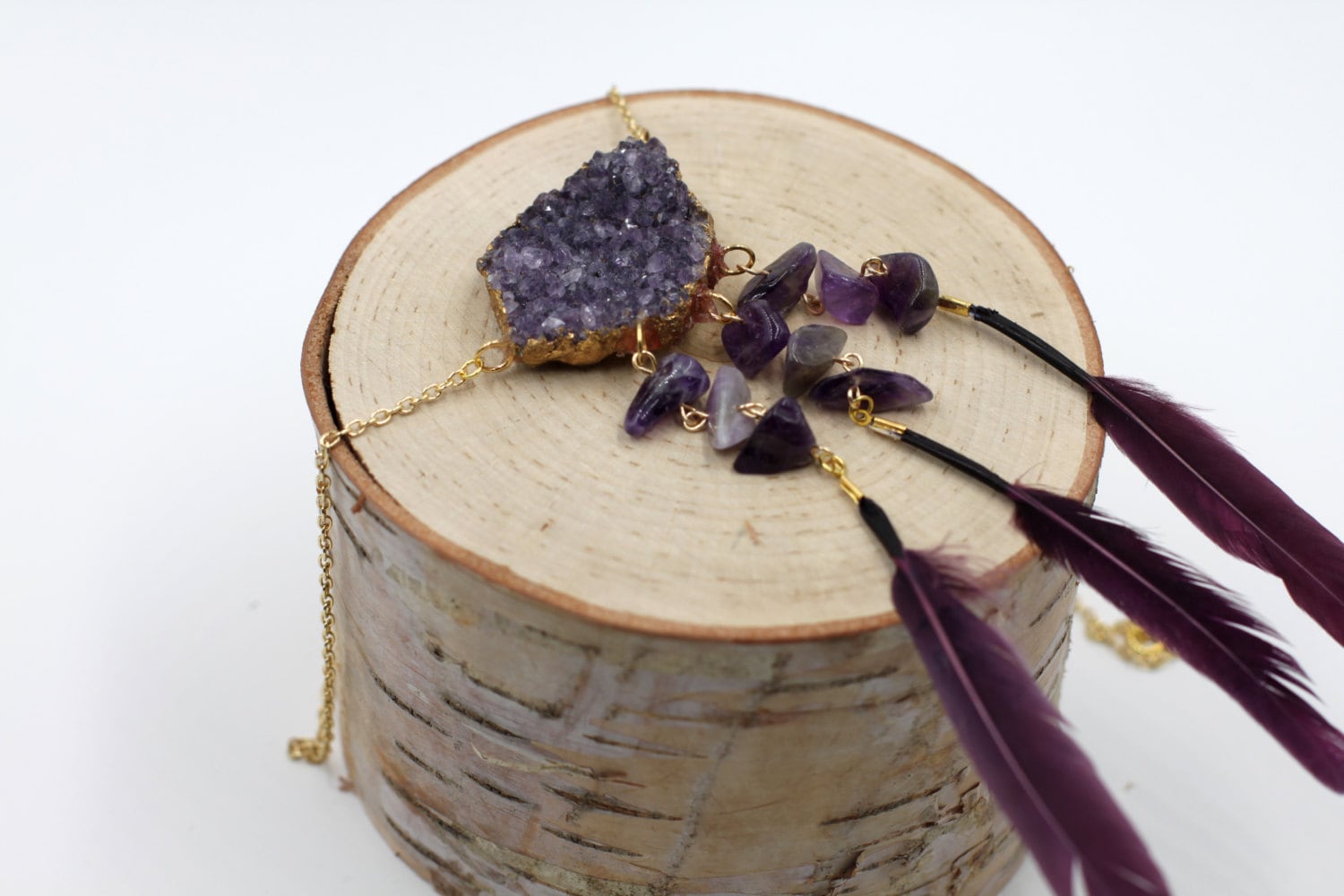 Rohe Amethyst Druzy Halskette, Gold Getaucht Druzy Cluster, Boho Stil Feder Rohen Edelstein Rohstein von YseraJewelry