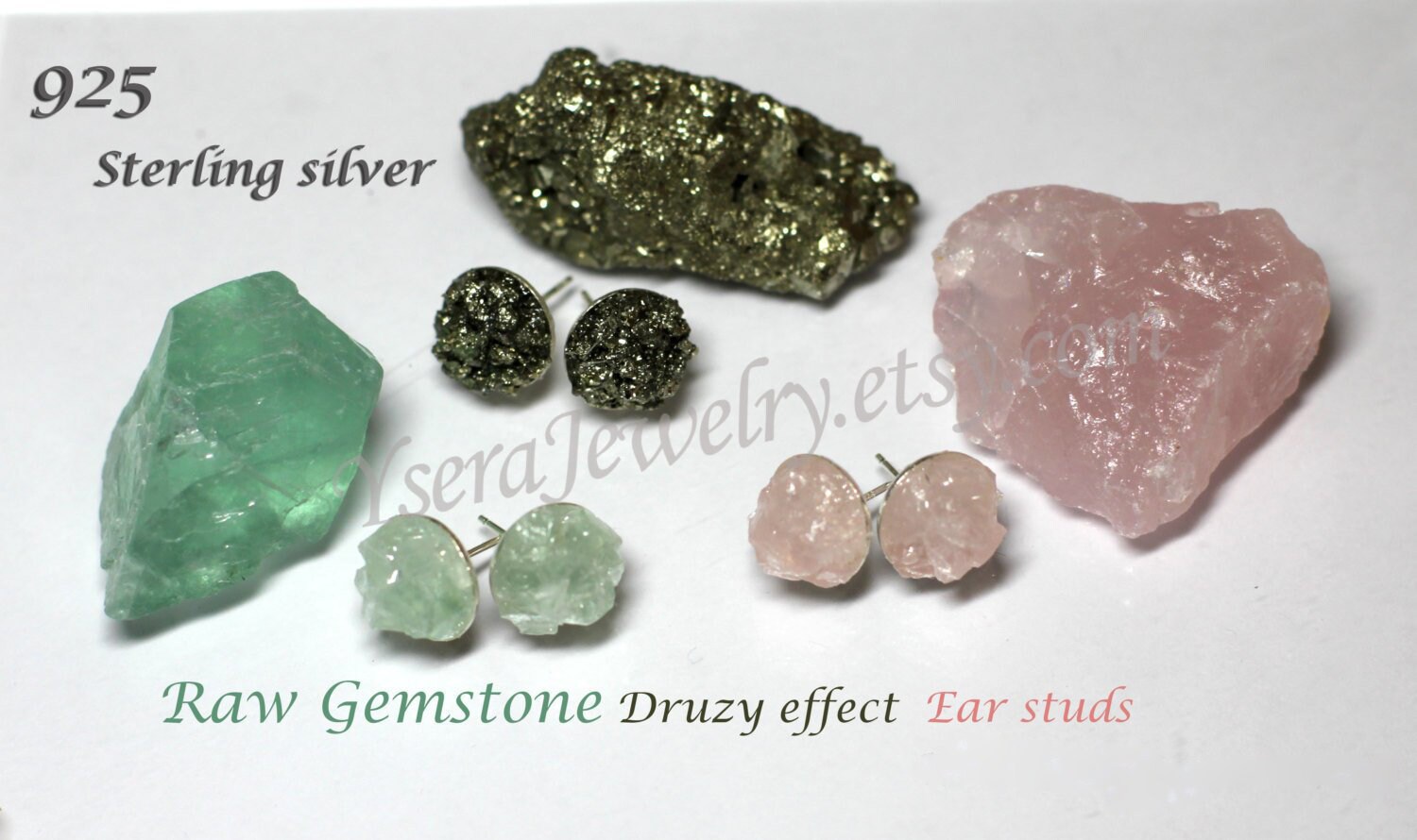 Rohe Edelstein Sterling Silber Druzy Ohrringe Fluorit, Rosenquarz von YseraJewelry