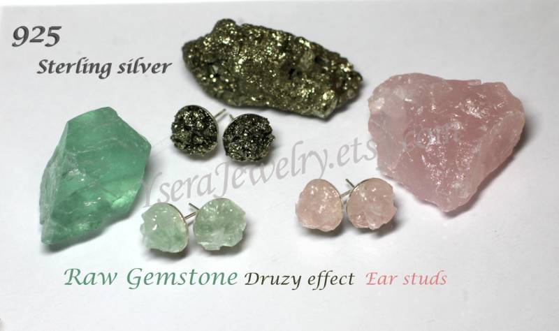 Rohe Edelstein Sterling Silber Druzy Ohrringe Fluorit, Rosenquarz von YseraJewelry