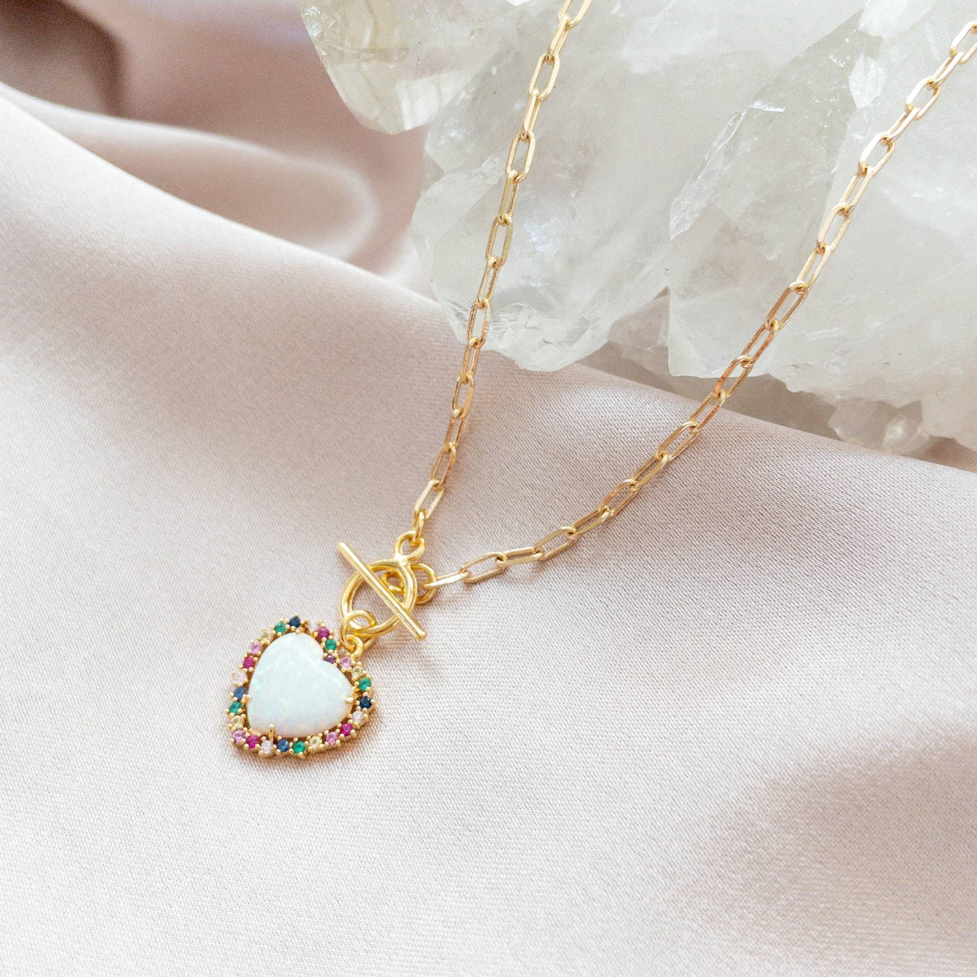 Toggle Herz Halskette Gold Opal Zierliche Geschenk Für Mutter Von Tochter Valentinstag Frau Freundin von YsmDesigns