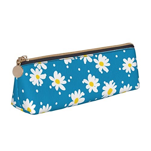 YsoLda Federmäppchen, süßes Gänseblümchen-Blumen-Blumenmuster, blaues Dreieck, Stiftetui, tragbares Federmäppchen, Ledertasche für das Schulbüro von YsoLda