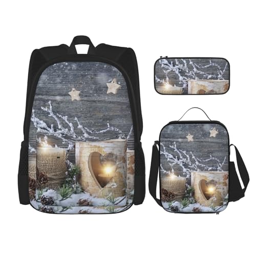 YsoLda Rucksack-Set, Schultasche, Büchertasche, Rucksack, 3-teiliges Set mit Lunchtasche, Federmäppchen,Kerze Winter von YsoLda