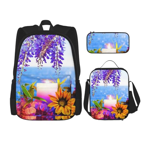 YsoLda Rucksack-Set, Schultasche, Büchertasche, Rucksack, 3-teiliges Set mit Lunchtasche, Federmäppchen,Kerzen Gänseblümchen Bedruckt von YsoLda