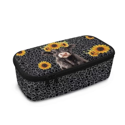 Yspwyqan Großes Federmäppchen mit Reißverschluss, niedliches Federmäppchen für Mädchen und Jungen, großes Federmäppchen für Klassenzimmer, Sonnenblumenkuh mit Leopardenmuster, Einheitsgröße von Yspwyqan