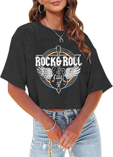 Damen Sommer Cropped T-Shirts Lustig Rock and Roll Country Music Graphic Print Tees Kurzarm Casual Crop Tops, Dunkelgrau-1, Klein von Ytboerly