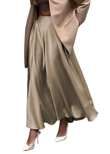 Ythomm Frauen Satin Flowy Maxi Röcke Trendy A-Linie Lange Rock Elegante Hohe Taille Elastische Flare Röcke, Dunkles Khaki, Klein von Ythomm