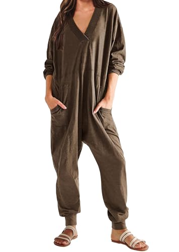 Ythomm Langärmeliger Jumpsuit für Damen, Einteiler, Lounge, V-Ausschnitt, lange Hose, Strampler, Overall, Baggy-Pullover mit Taschen, Braun, Small von Ythomm