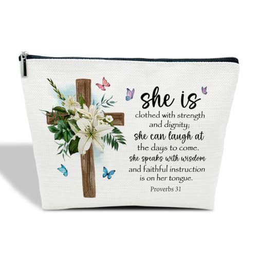 Ythuil Inspirierende christliche Geschenke – religiöse Geschenke für Frauen und sie – inspirierende Bibelvers Geschenke – christliche Frauen Make-up-Tasche – "She Is Clothed with Strength and von Ythuil