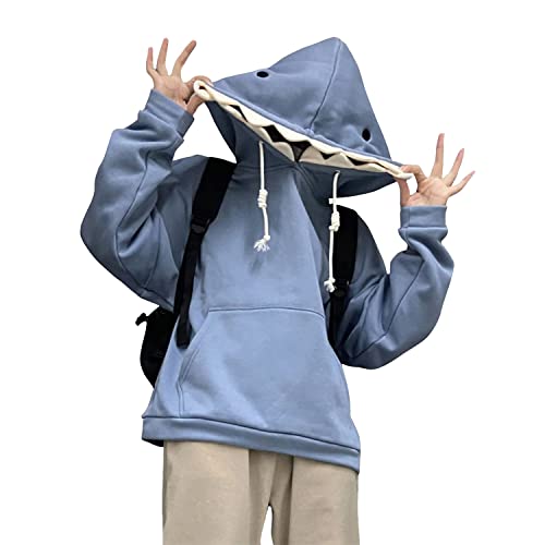 Niedlicher Hai-Hoodie für Teenager-Mädchen, langärmliges blaues Kawaii-Tier-Hai-Großmaul-Kapuzenpullover mit Taschen von Yu Liao