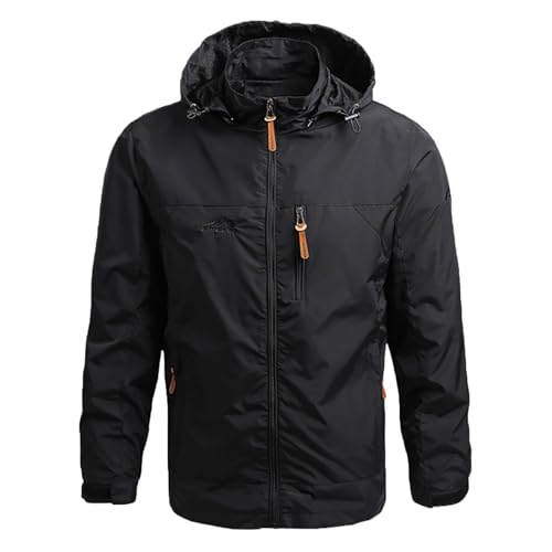 YuDiBYW Herren Softshell Jacke Übergangsjacke Leichte Windbreaker Wasserabweisende Shell Abnehmbare Kapuze Outdoor Wandern Fahrrad Mantel (DE/NL/SE/PL, Alphanumerisch, L, Regular, Regular, Schwarz) von YuDiBYW