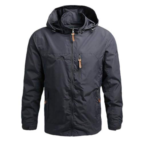 YuDiBYW Herren Softshell Jacke Übergangsjacke Leichte Windbreaker Wasserabweisende Shell Abnehmbare Kapuze Outdoor Wandern Fahrrad Mantel (DE/NL/SE/PL, Alphanumerisch, M, Regular, Regular, Hellgrau) von YuDiBYW