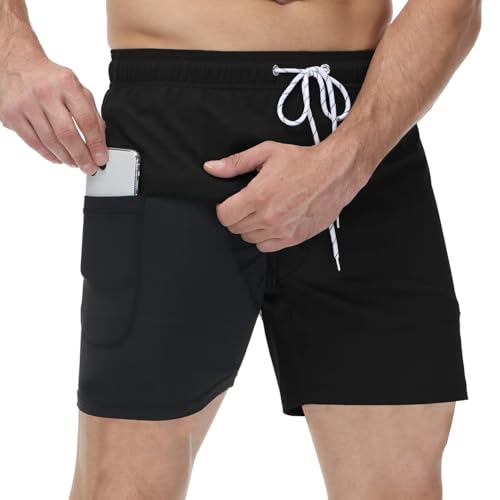 YuKaiChen Badehose Herren Badeshorts mit Kompression Schnelltrocknend Elastisch Schwimmhose mit Reißverschlusstaschen Schwarz 36 von YuKaiChen