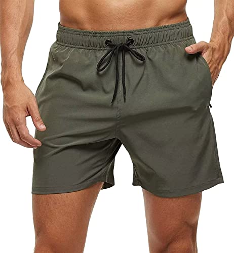 YuKaiChen Herren Badehose Quick Dry Beach Shorts Casual Running Gym Shorts mit Reißverschlusstaschen und Mesh-Futter Gr. L/XL, Army Grün von YuKaiChen
