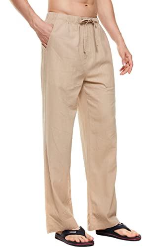 YuKaiChen Herren Leinenhose Herren Lang Sommerhose Weit Leicht Loose Fit Freizeithose Yoga Urlaub Strandhose mit Kordelzug lightkhaki L von YuKaiChen