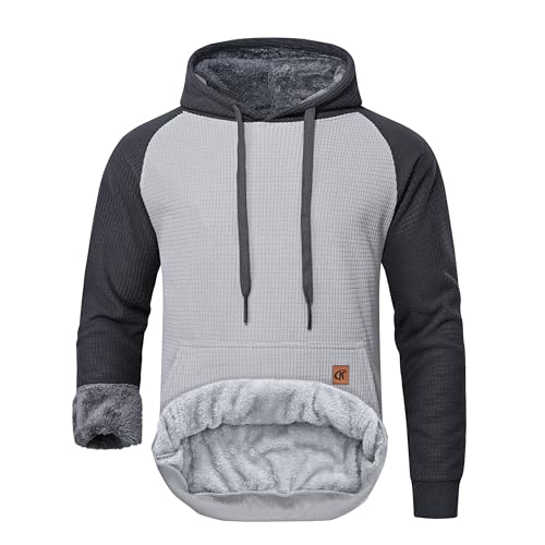 YuKaiChen Herren Fleece Hoodie Dicker Pullover Sherpa Gefüttert Waffel Außenstoff Winter Warmer Sweatshirt mit Känguru Tasche Hellgrau-Dunkelgrau Groß von YuKaiChen